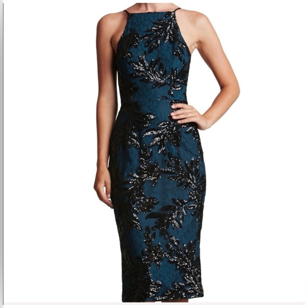 Dress the Population Teal and Black Beaded Midi Dress